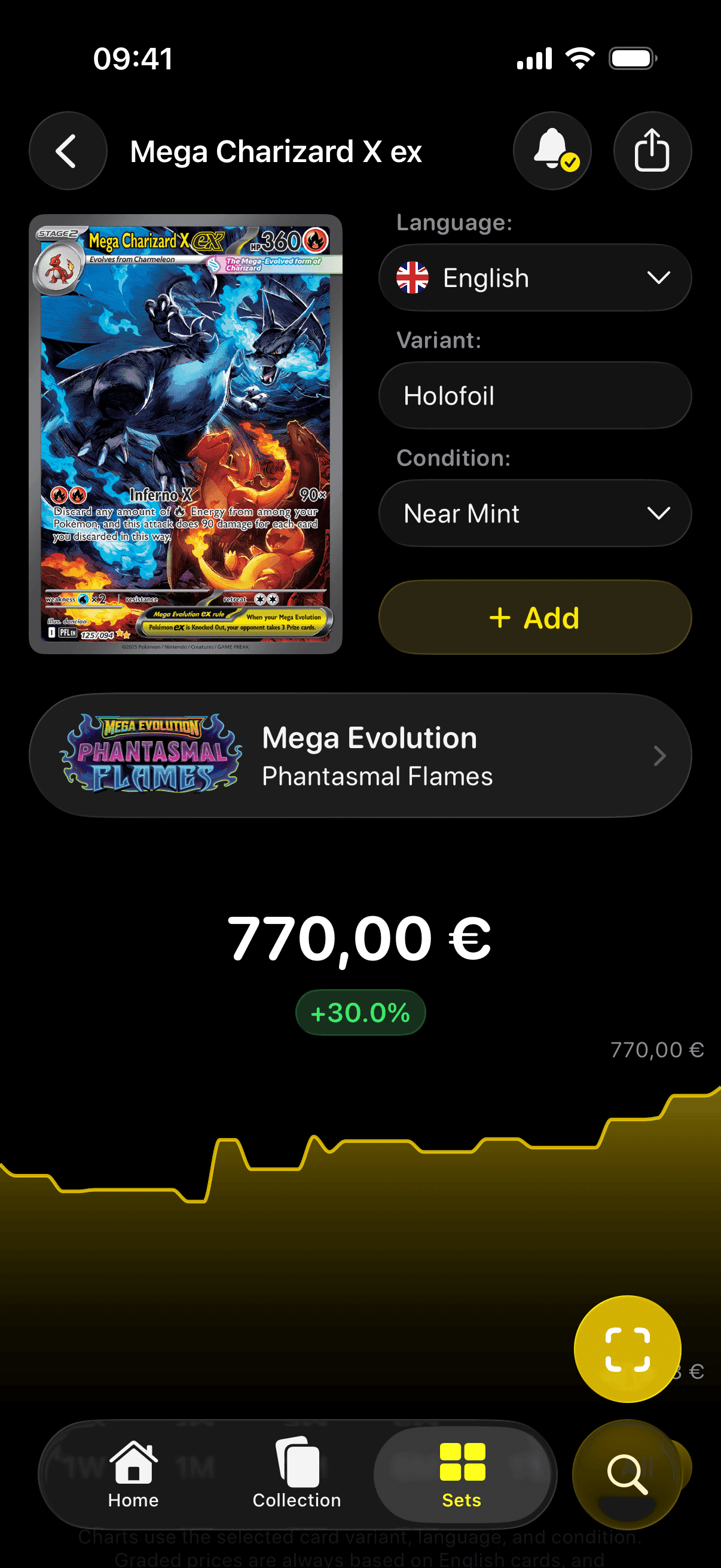 Detalle de carta de Pokefolio para Mega Charizard X ex con gráfico de precios y controles para añadir