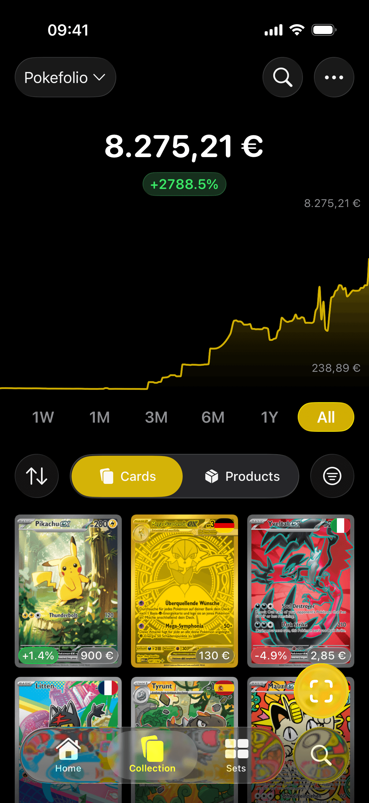 Pantalla de colección de Pokefolio con gráfico de valor y cuadrícula de cartas