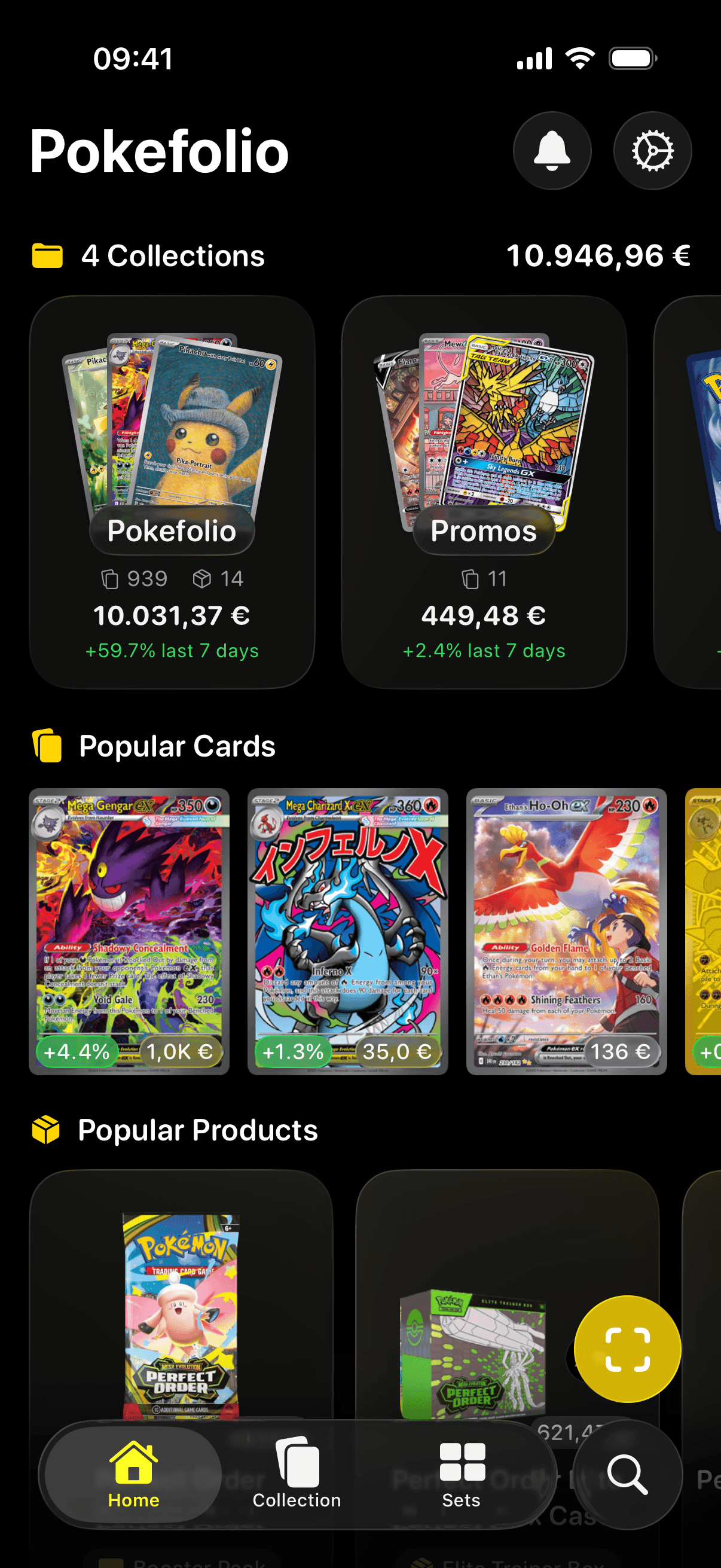 Pantalla de inicio de Pokefolio con colecciones, cartas populares y productos populares