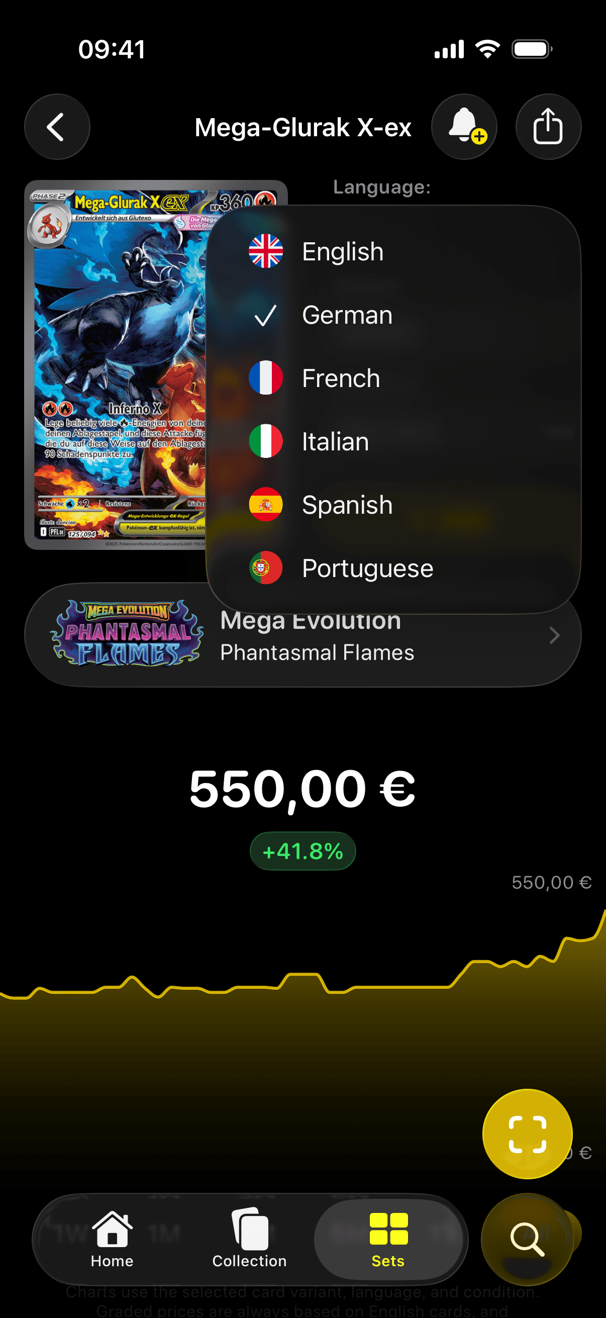 Selector de idioma de Pokefolio para variantes de cartas Pokemon en varios idiomas