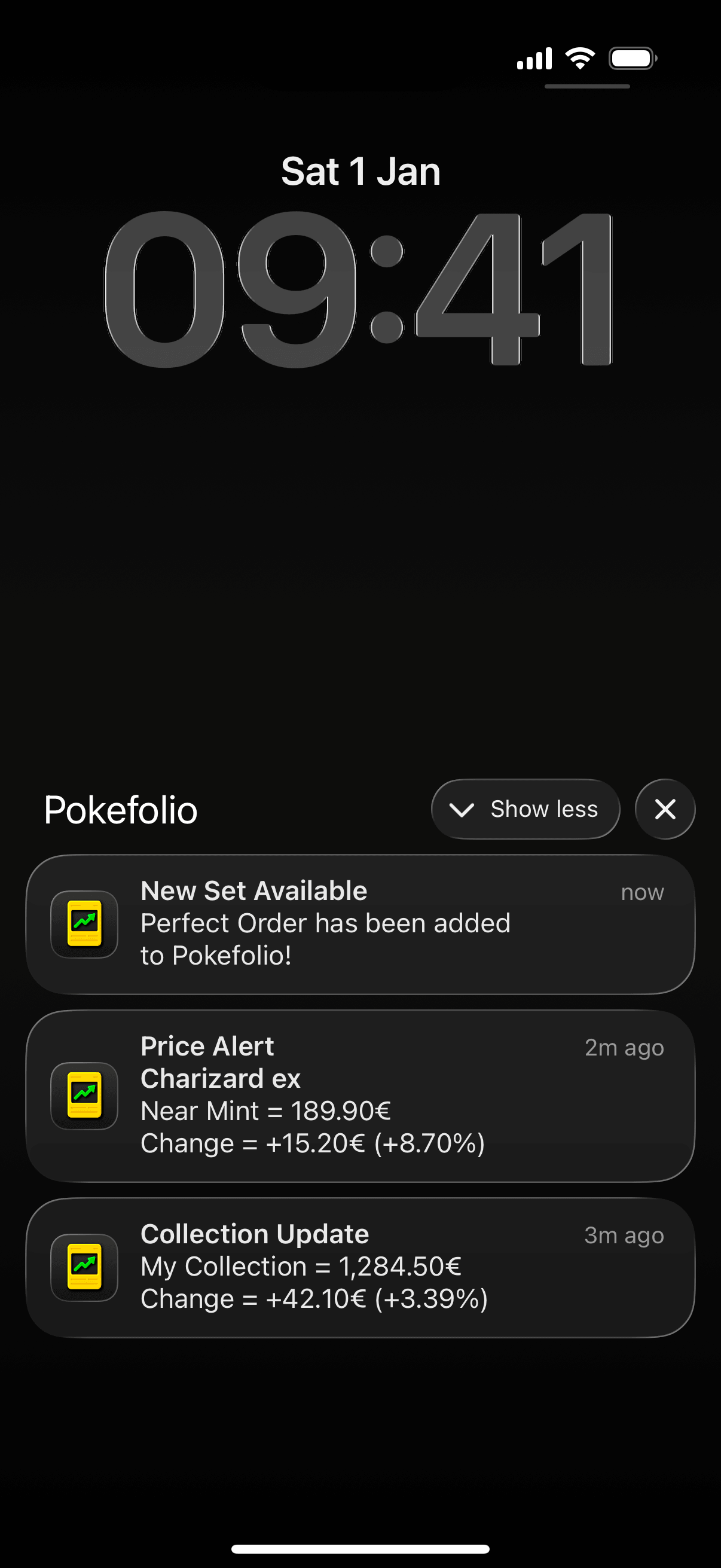 Pantalla bloqueada de iOS con notificaciones de Pokefolio para nuevos sets y alertas de precio