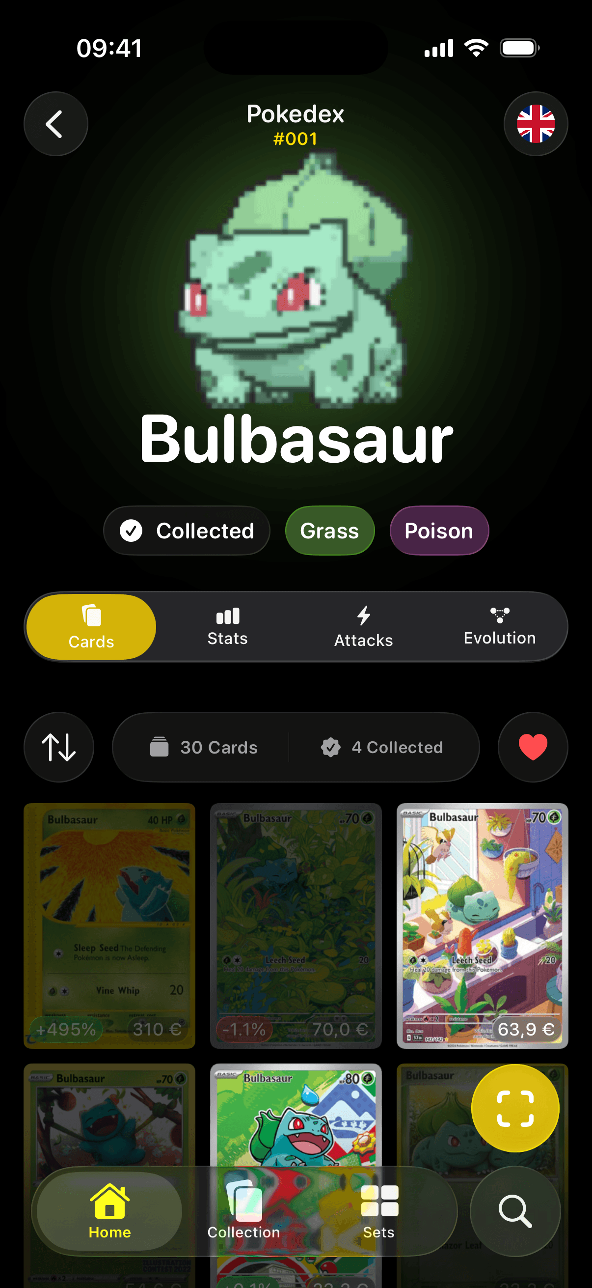 Detalle Pokedex de Pokefolio para Bulbasaur con tipos, pestañas de estadísticas y cuadrícula de cartas