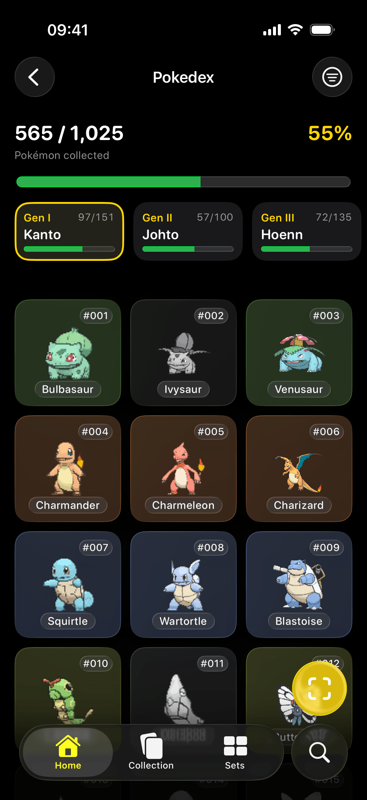 Vista general de Pokedex en Pokefolio con progreso por generación y cuadrícula Pokemon