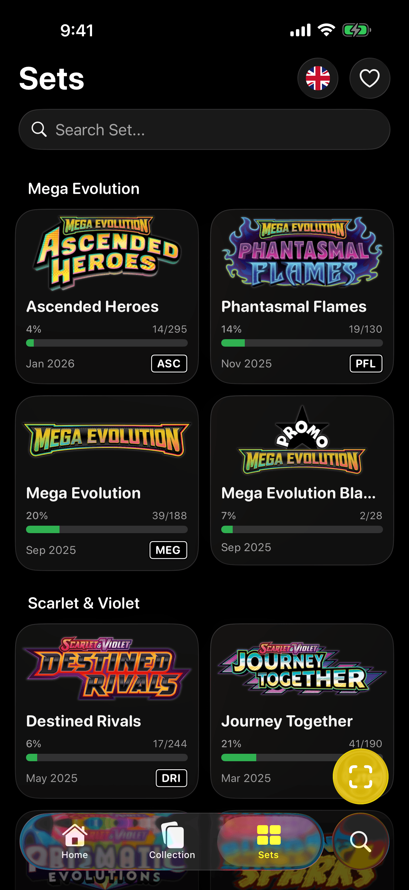 Pantalla de sets de Pokefolio con logotipos de sets Pokemon TCG en inglés y progreso
