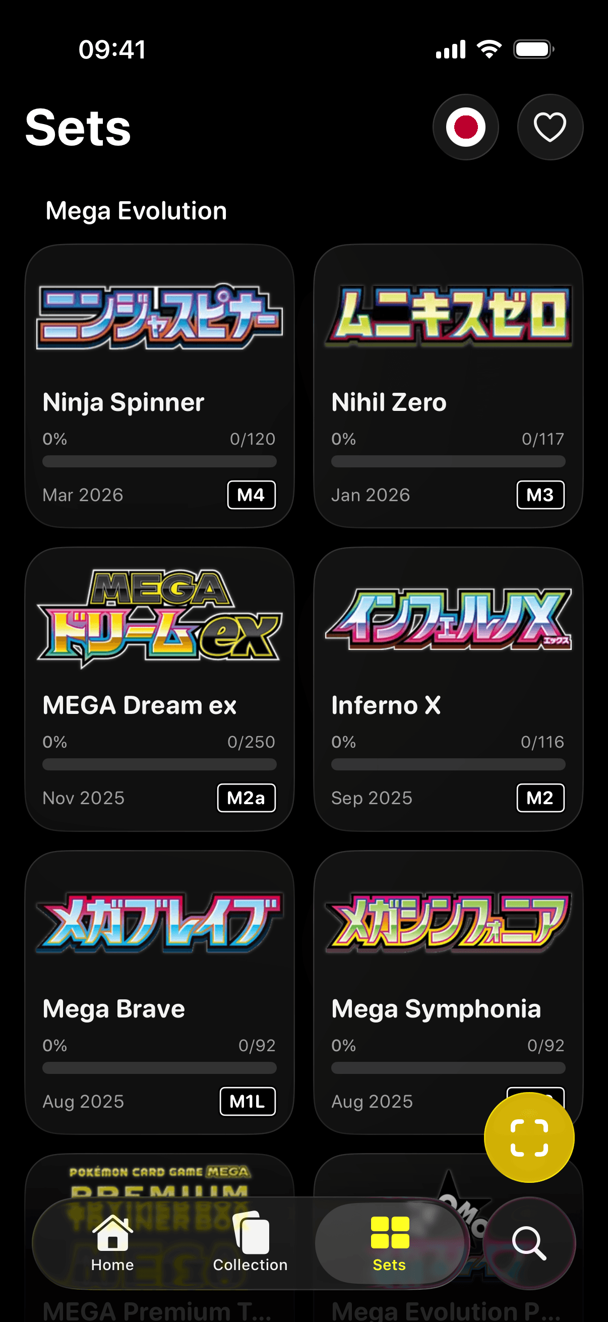 Pantalla de sets de Pokefolio con logotipos de sets Pokemon TCG japoneses