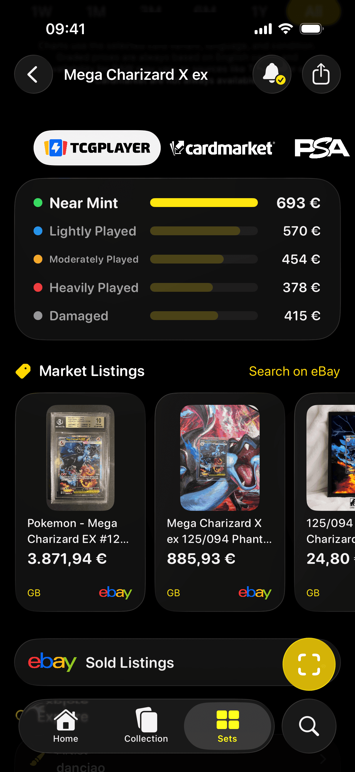 Onglet prix TCGplayer de Pokefolio avec prix par état et offres eBay